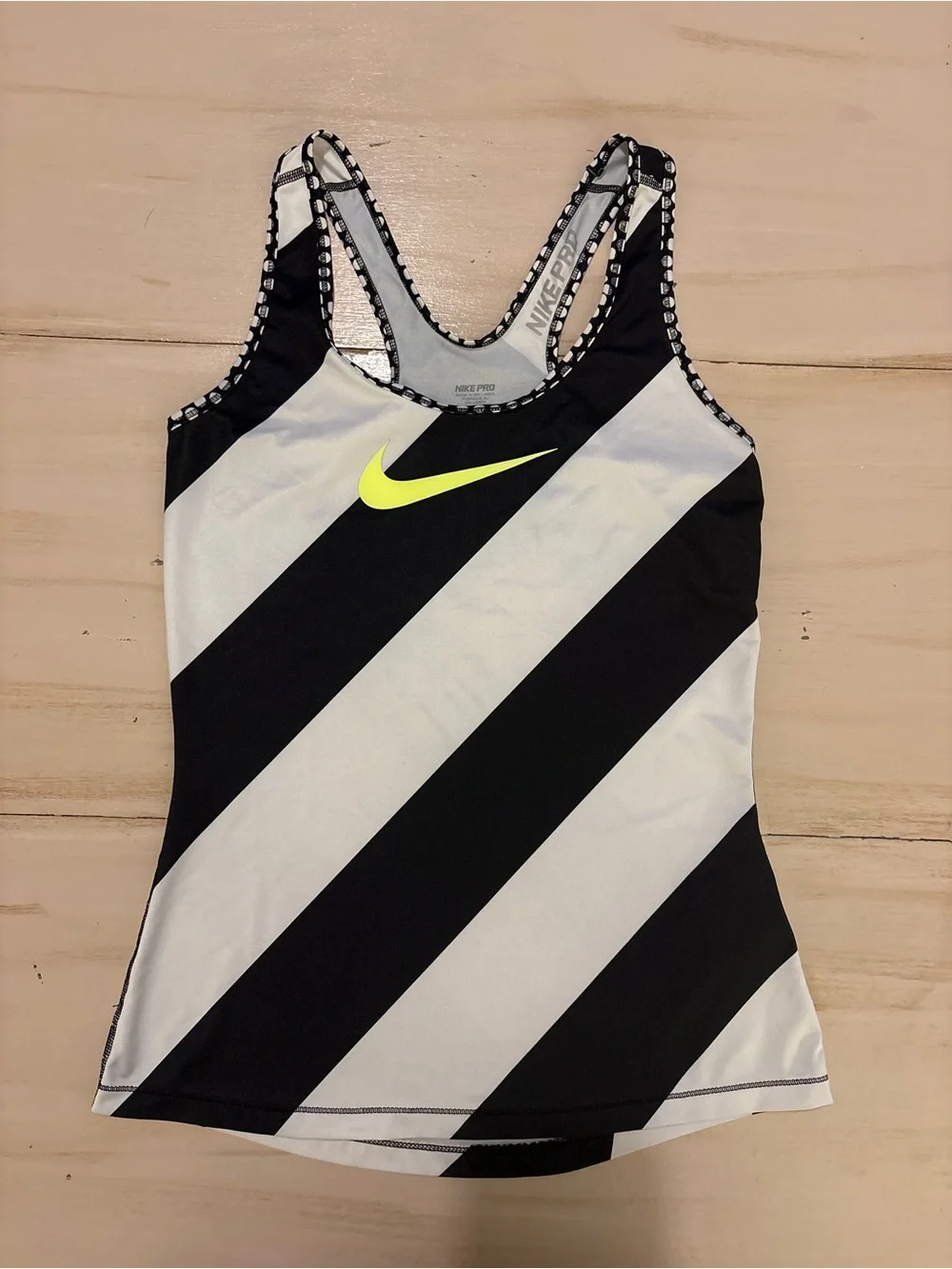 Nike Women's Black & White Diagonal Stripe Tank with Neon Yellow Swoosh